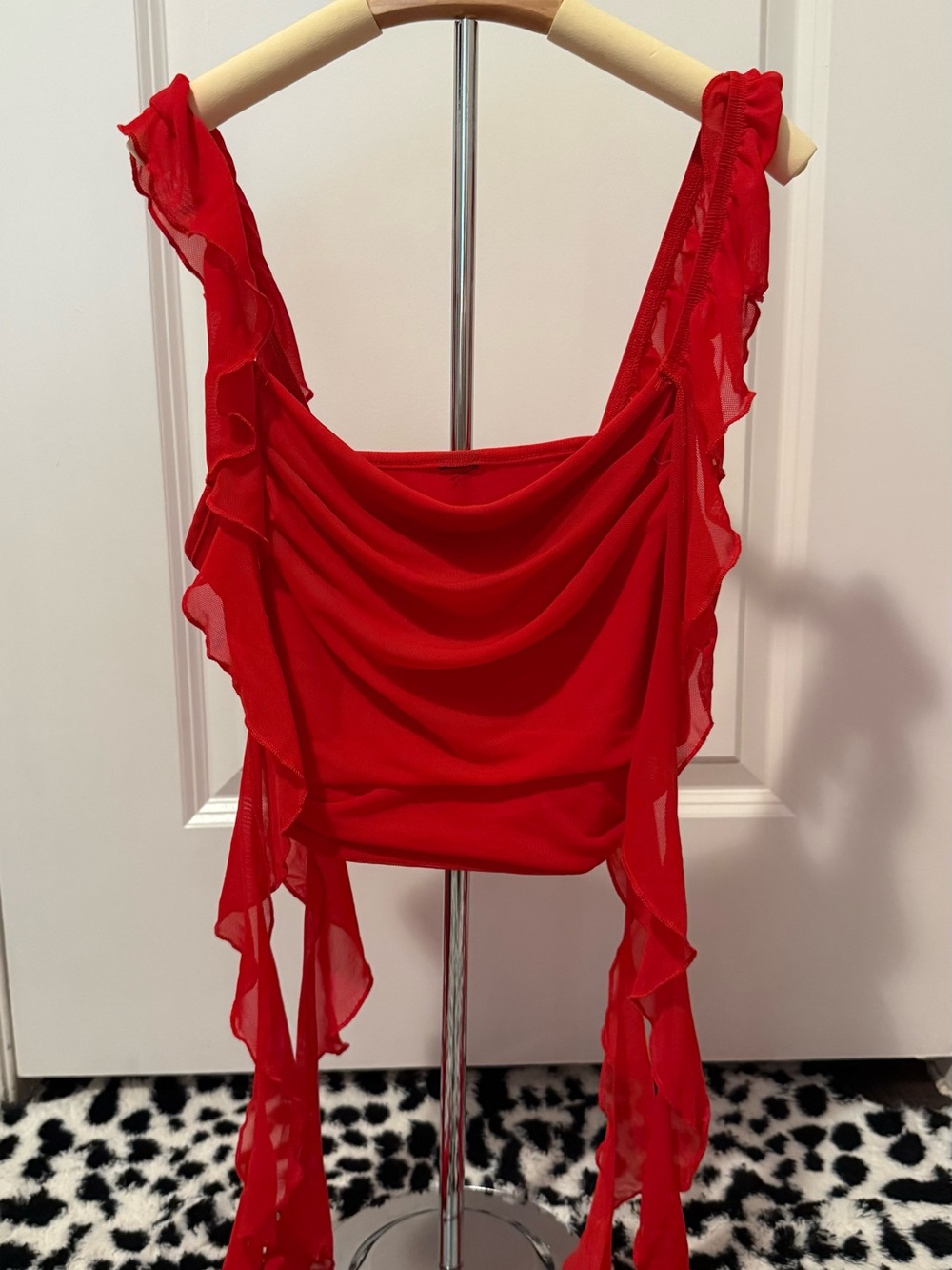 Red Ruffled Sleeveless Draped Top